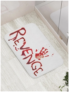 Detail of red bloody handprint and REVENGE text on white faux cashmere bath mat