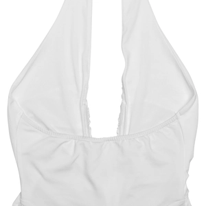 Detailed close-up of deep V-neck and halter design on a white summer backless dress