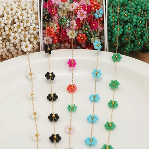 Gold-plated stainless steel chain with colorful crystal flower beads for DIY jewelry