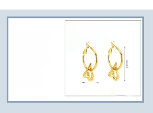 Detailed specs of 18K gold plated stainless steel heart hoop earrings measuring 25x33mm