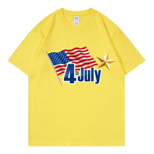Close-up of yellow cotton T-shirt with 4th July Independence Day print and USA flag detail