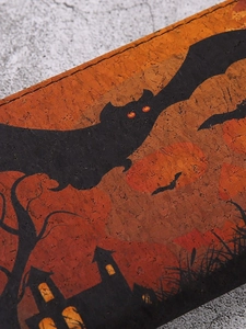 Cork Halloween long wallet featuring bat and castle print patterns in orange and black