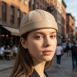 Berretto docker beige in pelle PU con trama a grana e bordo arrotolato per uno stile vintage