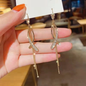 Elegant gold-plated geometric tassel earrings with micro-inlaid sparkling zircons
