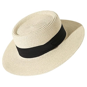Detailed macro view of the spiral straw weaving and black ribbon on the boater sun hat