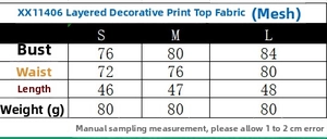 Size chart for women's ruffled print camisole top showing S M L mesh fabric measurements
