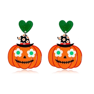 Detail of Halloween acrylic earrings featuring a glitter heart and pumpkin wizard pendant