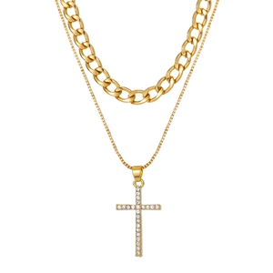 Collana a due strati dorata con catena cubana e pendente a croce con zirconi
