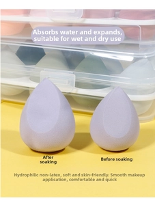 Detail showing the expansion of purple makeup sponge before and after soaking in water