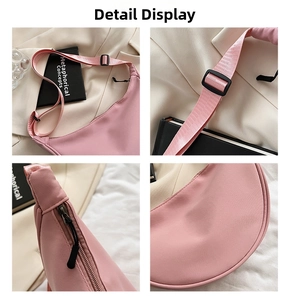 Detailed views of pink nylon crescent bag showing adjustable strap and black metal zipper