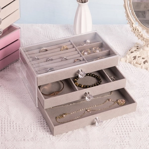Three-layer acrylic jewelry storage box with grey velvet lining and crystal handles