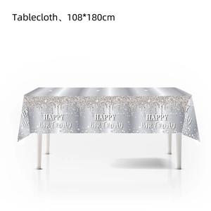 Silver metallic Happy Birthday tablecloth 108x180cm with glitter effect for parties