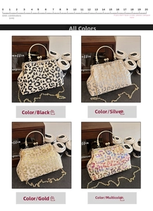 Detail showing colorful leopard print evening bags with round metal handles and chain straps