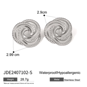 Detail view of silver spiral stainless steel earrings with precise size measurements