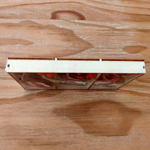 Macro detail of wooden Christmas ornaments set with red festive patterns in tray