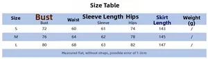 Tableau des tailles pour robe longue en maille avec mesures buste, taille et hanches