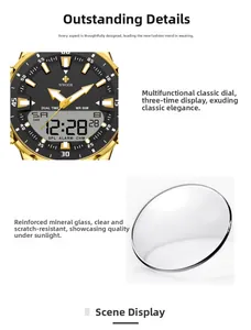 Detail of multi-functional watch featuring 50M waterproof rating and mineral glass lens