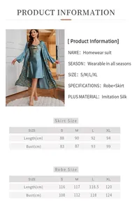 Detailed size chart for two-piece satin sleepwear set featuring floral robe and nightgown