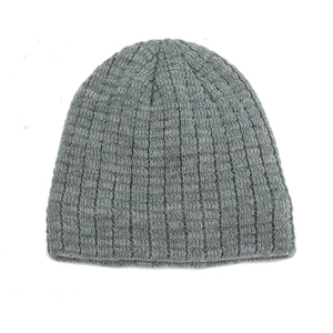 Detailed view of the grey ribbed knit texture on a warm winter beanie hat for men