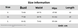 Detailed size chart for winter backless mini dress showing bust waist and hip measurements