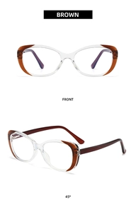 Front and side view of brown and transparent anti-blue light glasses frames