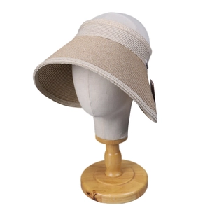 Foldable women's wide brim sun hat with two-tone straw weave design and open top