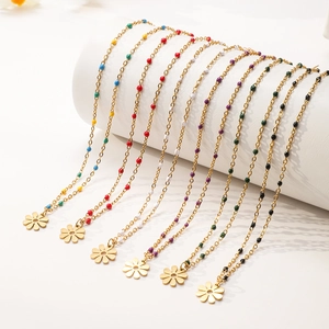 Bohemian Stainless Steel Flower Petal Pendant Necklace Multicolor Enamel Beads Daisy Floral Charm Adjustable Chain Jewelry