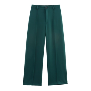 Women Straight Leg Suit Pants Dark Green Polyester Mid Waist Elegant Office Commuter Trousers Formal Workwear Zip Button