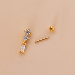Golden stainless steel screw barbell earring with clear cubic zirconia butterfly accents