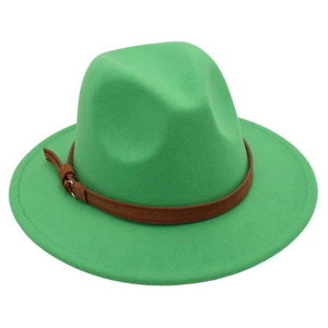 Close-up of bright green wool fedora hat featuring a brown leather belt buckle detail