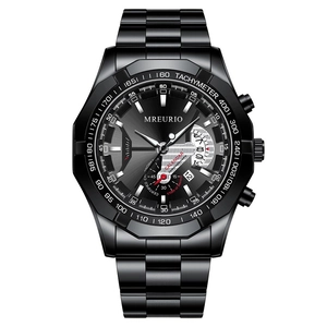Men's chronograph watch in black stainless steel with octagonal case and calendar display