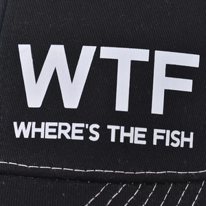 Black cotton baseball cap featuring bold white WTF WHERE'S THE FISH print and stitching