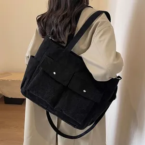 Women Corduroy Tote Bag Large Capacity Vintage Crossbody Handbag With Front Pockets Casual Versatile Shoulder Bag
