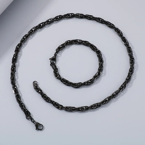 Minimalist black stainless steel twist rope chain necklace and bracelet jewelry set