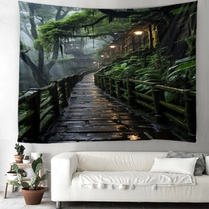 Detail of enchanted forest tapestry featuring garden lanterns and wooden walkway over a sofa