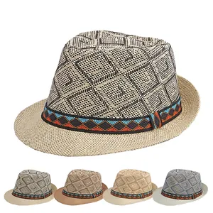 Unisex straw fedora hats with geometric patterns and ethnic bands in four colors
