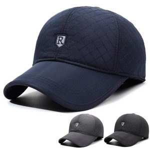 Men Winter Quilted Baseball Cap Thermal Padded Hat With Foldable Earflaps Rhombus Pattern Windproof Outdoor