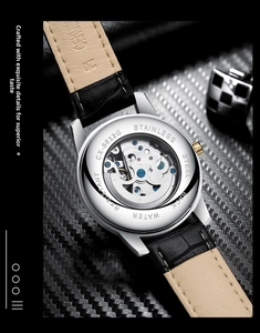 Macro shot of stainless steel skeleton mechanical watch case back with leather strap