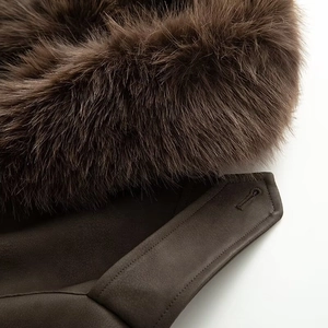 Detail of premium brown faux fur collar and textured matte faux leather jacket finish