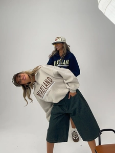 Oversize high street sweatshirt in navy blue and cream with half-zip letter print style