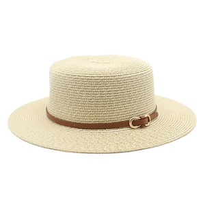 Chapeau Canotier Femmes Chapeau Paille Bord Large Été Plage Voyage Respirant Bande Cuir Boucle Métallique