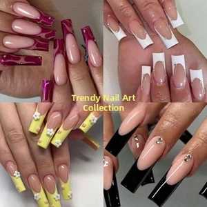 Collage of four press-on nail styles including pink flame, white gems, and yellow daisies