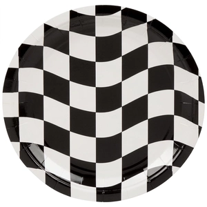 Racing party supplies featuring checkered black and white patterned disposable paper plates