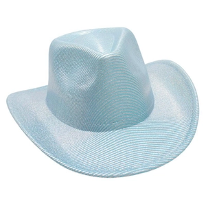 Close-up of light blue glitter cowboy hat featuring laser felt texture and metallic finish