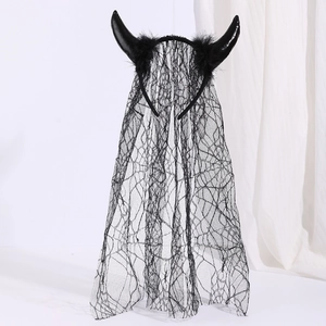 Gothic Halloween headpiece with black devil horns and spider web lace veil detail