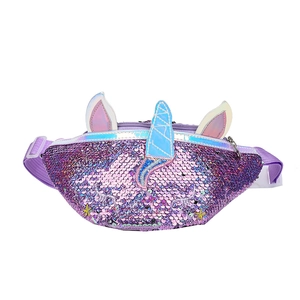 Kids purple sequin unicorn waist bag with rainbow horn and adjustable strap