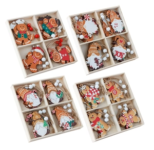 Detail of wooden gingerbread man and gnome Christmas tree ornaments in four gift boxes