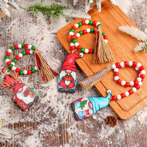 Christmas Gnome Wood Bead Garland Hanging Ornament Painted Wooden Beads Hemp Rope Tassel Farmhouse Holiday Home Decor