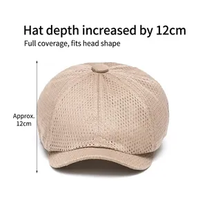 Breathable summer mesh newsboy cap in beige with deep 12cm crown for full coverage