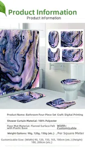 Detail view of purple marble shower curtain set with digital print and non-slip mats